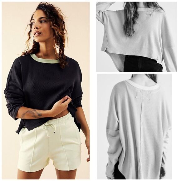 Free People Jayson Ringer Thermal Long Sleeve In Washed Black Combo - Picture 1 of 1